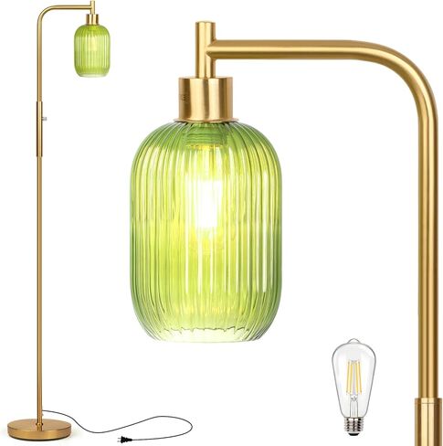 Glass Floor Lamp for Living Room, Dimmer Standing Lamp with Green Ribbed Lampshade,66" Tall Lamp & Gold Floor Lamp for Bedroom Study Room,Brushed Gold (Green) in Saudi Arabia