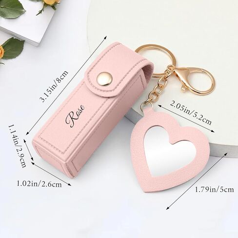 Customized engraved lipstick case keychain with mirror - Personalized mini lipstick travel case, compact makeup storage bag, a gift for ladies and girls in Kuwait