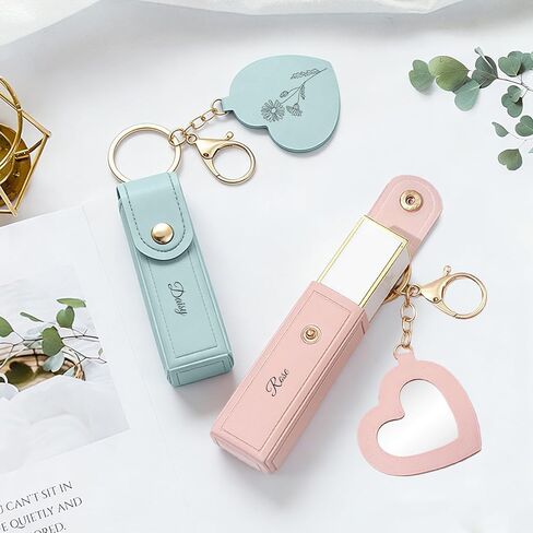 Customized engraved lipstick case keychain with mirror - Personalized mini lipstick travel case, compact makeup storage bag, a gift for ladies and girls in Kuwait