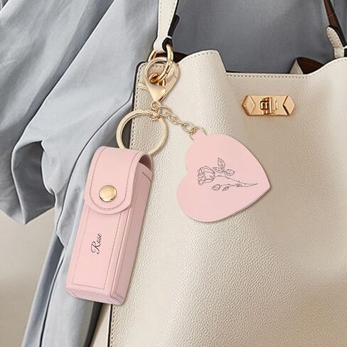 Customized engraved lipstick case keychain with mirror - Personalized mini lipstick travel case, compact makeup storage bag, a gift for ladies and girls in Kuwait