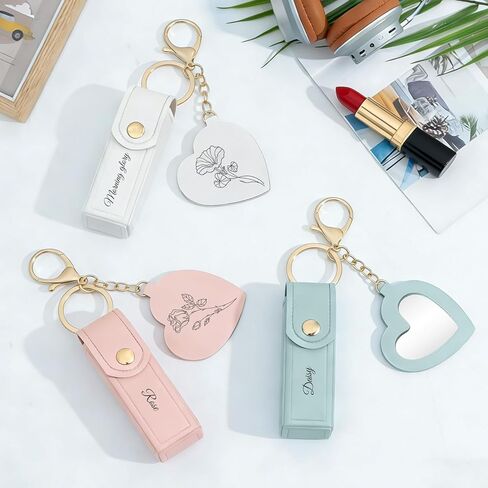 Customized engraved lipstick case keychain with mirror - Personalized mini lipstick travel case, compact makeup storage bag, a gift for ladies and girls in Kuwait