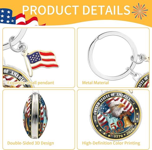 USA 250th Anniversary Merchandise Keychain, Commemorative Keychain, American Semi-quincentennial Metal Key Ring with Flag Charm, Patriotic Celebration Gift for Men Women in Saudi Arabia