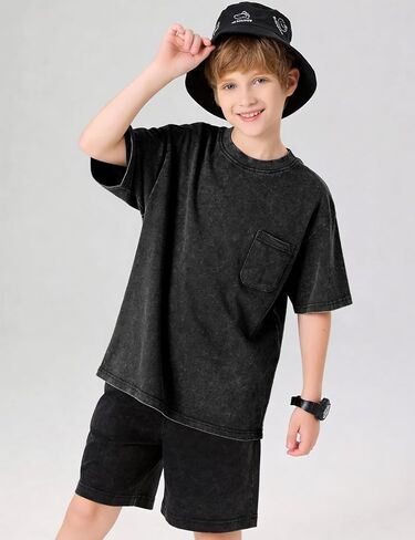 Flygo Boys Girls 3 Pack Cotton Tshirts Unisex Kids Acid Wash Crewneck Basic Tees Summer Vintage Short Sleeve Plain Tops 5-14Y in Saudi Arabia