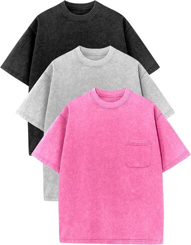Flygo Boys Girls 3 Pack Cotton Tshirts Unisex Kids Acid Wash Crewneck Basic Tees Summer Vintage Short Sleeve Plain Tops 5-14Y in Saudi Arabia