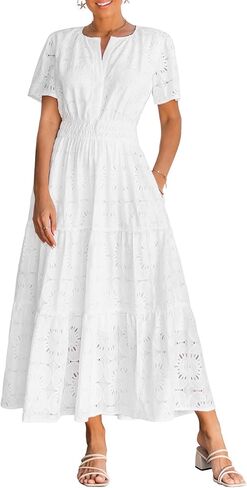Summer Flowy Maxi Dresses for Women 2026 Spring Vacation Eyelet Lace Short Sleeve Wedding Guest Casual Boho Dresses in Saudi Arabia