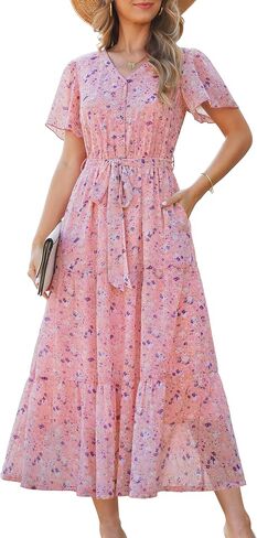 Annebouti فستان نسائي لربيع وصيف 2026 لحفلات الزفاف بحزام قابل للإزالة شيفون بأزرار أمامية أنيق ماكسي مع جيوب in Kuwait