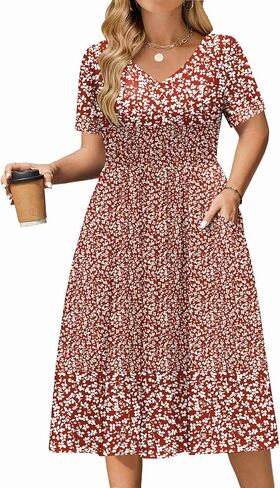 IN'VOLAND Women Plus Size Casual Dress Short Sleeve Vneck Summer Midi Dresses Aline Loose Sundress with Pockets in Saudi Arabia