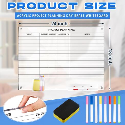 Lincia Acrylic Project Planning Board, 24 x 18 Inch Clear Wall Schedule Dry Erase Board with 8 Markers and Eraser, Whiteboard Planner with Lines for Home Office Project and Family Organization in Saudi Arabia
