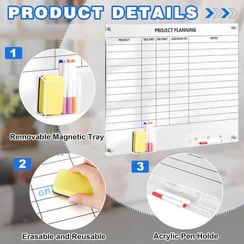 Lincia Acrylic Project Planning Board, 24 x 18 Inch Clear Wall Schedule Dry Erase Board with 8 Markers and Eraser, Whiteboard Planner with Lines for Home Office Project and Family Organization in Saudi Arabia