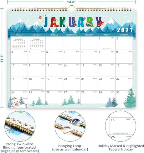 Calendar 2026-2027 - 18 Months Wall Calendar 2026-2027, Jul. 2026 - Dec. 2027, 14.6'' x 11.4", Hanging Monthly Calendar, Holidays, Large Block, Twin-Wire Binding - 12 Different Themes in Saudi Arabia