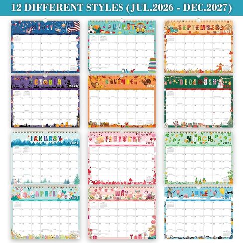 Calendar 2026-2027 - 18 Months Wall Calendar 2026-2027, Jul. 2026 - Dec. 2027, 14.6'' x 11.4", Hanging Monthly Calendar, Holidays, Large Block, Twin-Wire Binding - 12 Different Themes in Saudi Arabia