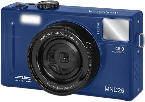 كاميرا مينولتا MND25 الرقمية، تركيز تلقائي 48 ميجابكسل، كاميرا 4K الترا اتش دي مع مرآة سيلفي وبطاقة SD 32 جيجابايت، أزرق، حزمة مع حقيبة كاميرا Slinger (أزرق) in Kuwait