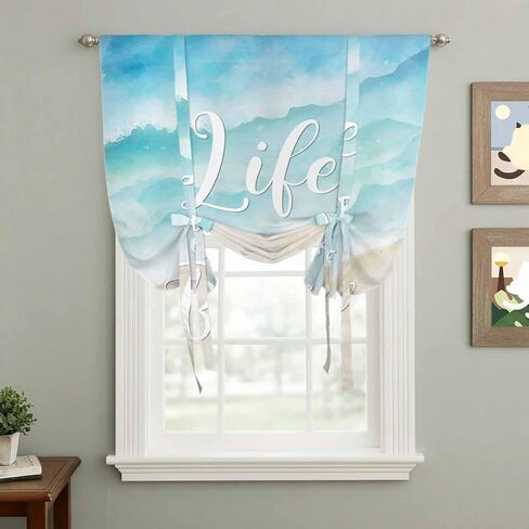 Blue Waves Tie Up Curtains for Window, Summer Beach Coastal Nautical Ocean Thermal Insulated Balloon Shade Adjustable Rod Pocket Curtains Valance Panels for Kitchen Bathroom Café 52'' x 63'' in Saudi Arabia