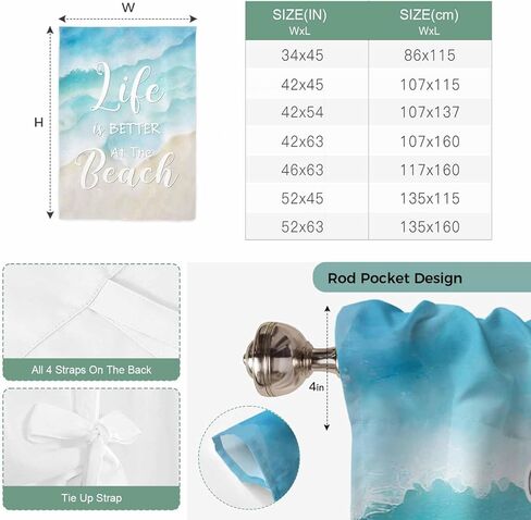 Blue Waves Tie Up Curtains for Window, Summer Beach Coastal Nautical Ocean Thermal Insulated Balloon Shade Adjustable Rod Pocket Curtains Valance Panels for Kitchen Bathroom Café 52'' x 63'' in Saudi Arabia