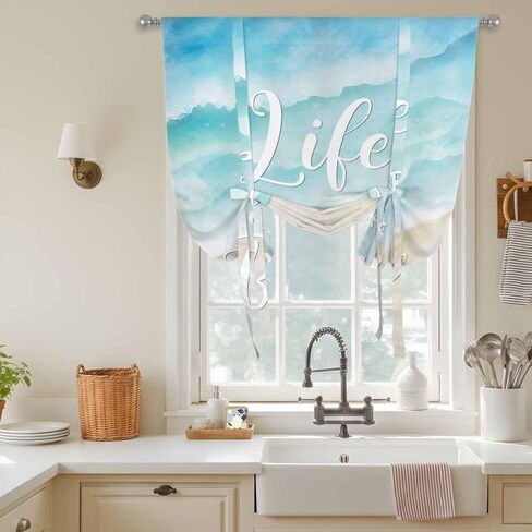 Blue Waves Tie Up Curtains for Window, Summer Beach Coastal Nautical Ocean Thermal Insulated Balloon Shade Adjustable Rod Pocket Curtains Valance Panels for Kitchen Bathroom Café 52'' x 63'' in Saudi Arabia