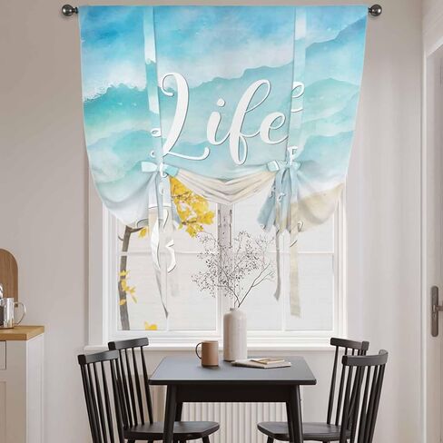 Blue Waves Tie Up Curtains for Window, Summer Beach Coastal Nautical Ocean Thermal Insulated Balloon Shade Adjustable Rod Pocket Curtains Valance Panels for Kitchen Bathroom Café 52'' x 63'' in Saudi Arabia