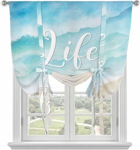 Blue Waves Tie Up Curtains for Window, Summer Beach Coastal Nautical Ocean Thermal Insulated Balloon Shade Adjustable Rod Pocket Curtains Valance Panels for Kitchen Bathroom Café 52'' x 63'' in Saudi Arabia