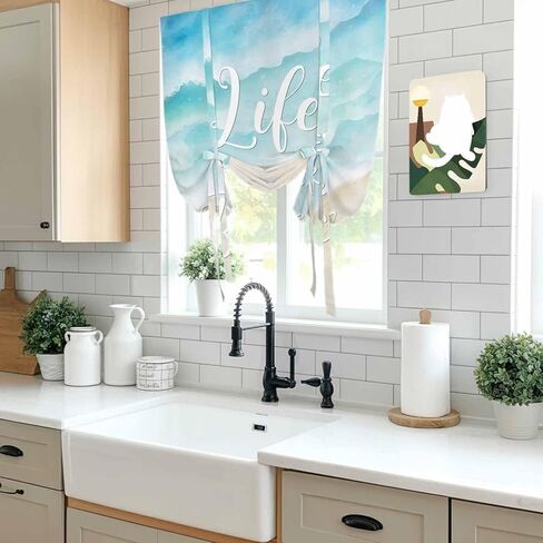 Blue Waves Tie Up Curtains for Window, Summer Beach Coastal Nautical Ocean Thermal Insulated Balloon Shade Adjustable Rod Pocket Curtains Valance Panels for Kitchen Bathroom Café 52'' x 63'' in Saudi Arabia