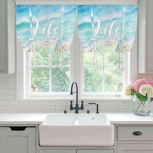 Blue Waves Tie Up Curtains for Window, Summer Beach Coastal Nautical Ocean Thermal Insulated Balloon Shade Adjustable Rod Pocket Curtains Valance Panels for Kitchen Bathroom Café 52'' x 63'' in Saudi Arabia