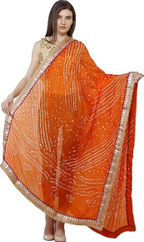 Exotic India Dupatta from Jodhpur with Tie-dye Print and Gota Border - Silk in Kuwait