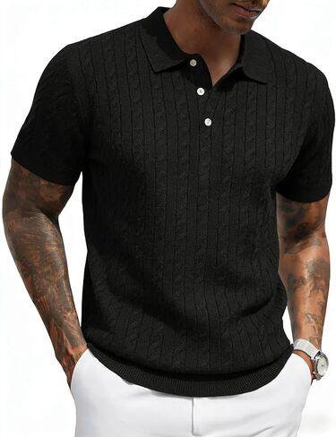 Yeokou Men Cable Knit Polo Shirt Short Sleeve Collared Pullover Sweater Casual Tops in Saudi Arabia