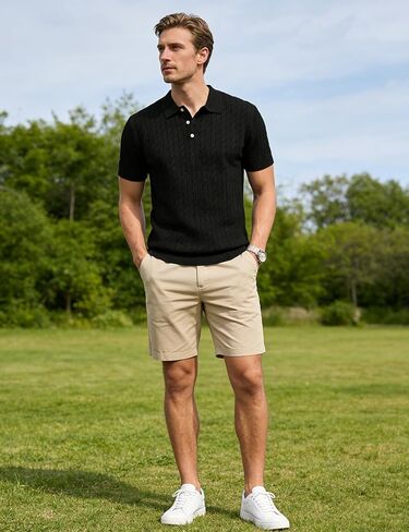 Yeokou Men Cable Knit Polo Shirt Short Sleeve Collared Pullover Sweater Casual Tops in Saudi Arabia
