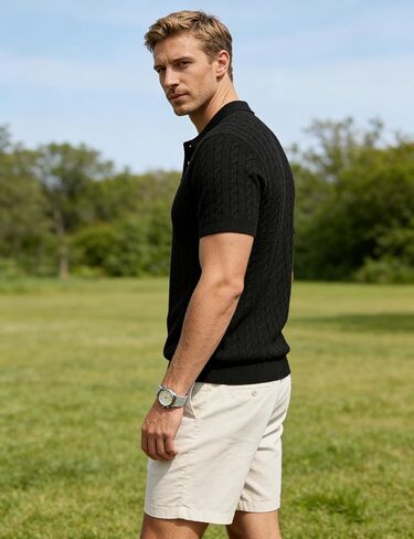 Yeokou Men Cable Knit Polo Shirt Short Sleeve Collared Pullover Sweater Casual Tops in Saudi Arabia