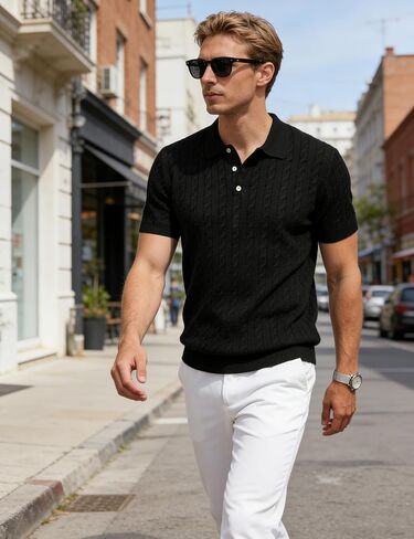 Yeokou Men Cable Knit Polo Shirt Short Sleeve Collared Pullover Sweater Casual Tops in Saudi Arabia