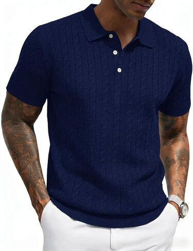 Yeokou Men Cable Knit Polo Shirt Short Sleeve Collared Pullover Sweater Casual Tops in Saudi Arabia