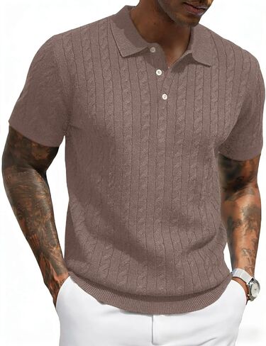 Yeokou Men Cable Knit Polo Shirt Short Sleeve Collared Pullover Sweater Casual Tops in Saudi Arabia