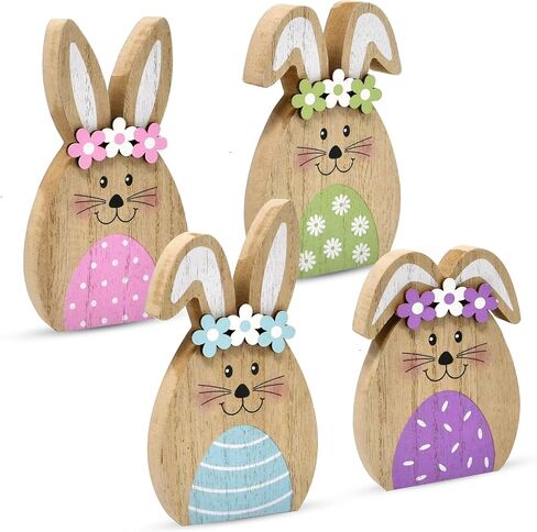 Gift Boutique Set of 4 Wooden Easter Bunny Rabbits – Rustic Spring Decorations with Flower Accents for Tabletop, Mantle and Shelf in Saudi Arabia