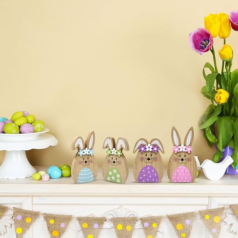 Gift Boutique Set of 4 Wooden Easter Bunny Rabbits – Rustic Spring Decorations with Flower Accents for Tabletop, Mantle and Shelf in Saudi Arabia