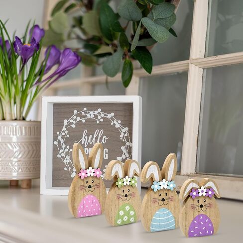 Gift Boutique Set of 4 Wooden Easter Bunny Rabbits – Rustic Spring Decorations with Flower Accents for Tabletop, Mantle and Shelf in Saudi Arabia