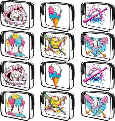 Sadnyy 12 Pcs Ice Cream Drip Softball Makeup Bags Gift Bulk Softball Snack Pouch Bags 7 x 5.5 x 2 Inches Clear Waterproof with Zipper Party Favors for Team Women Birthday Gifts Sport Supplies in Saudi Arabia