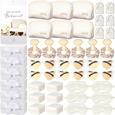 43 Pcs Bridesmaid Proposal Gifts Set of 6 Bridesmaid Boxes Bulk Will You Be My Maid of Honor Gift with Makeup Bag Case Eye Mask Glasses Hair Scrunchies Gift Box for Wedding Bride Shower(Beige) in Saudi Arabia