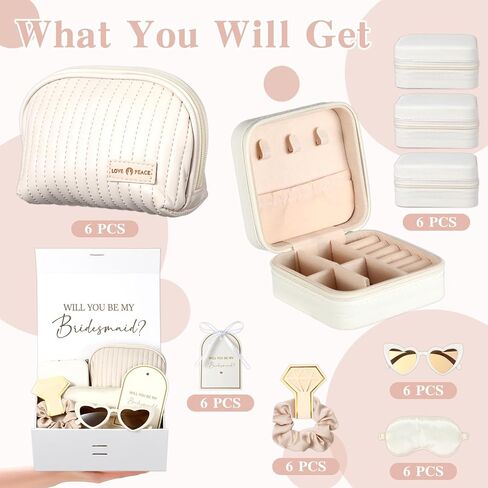 43 Pcs Bridesmaid Proposal Gifts Set of 6 Bridesmaid Boxes Bulk Will You Be My Maid of Honor Gift with Makeup Bag Case Eye Mask Glasses Hair Scrunchies Gift Box for Wedding Bride Shower(Beige) in Saudi Arabia