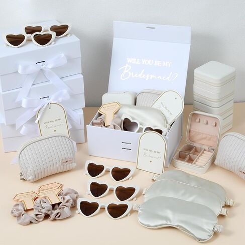 43 Pcs Bridesmaid Proposal Gifts Set of 6 Bridesmaid Boxes Bulk Will You Be My Maid of Honor Gift with Makeup Bag Case Eye Mask Glasses Hair Scrunchies Gift Box for Wedding Bride Shower(Beige) in Saudi Arabia
