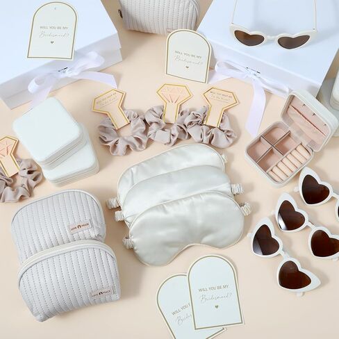 43 Pcs Bridesmaid Proposal Gifts Set of 6 Bridesmaid Boxes Bulk Will You Be My Maid of Honor Gift with Makeup Bag Case Eye Mask Glasses Hair Scrunchies Gift Box for Wedding Bride Shower(Beige) in Saudi Arabia