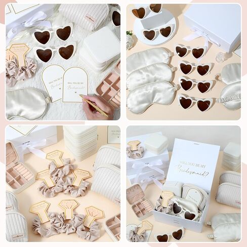 43 Pcs Bridesmaid Proposal Gifts Set of 6 Bridesmaid Boxes Bulk Will You Be My Maid of Honor Gift with Makeup Bag Case Eye Mask Glasses Hair Scrunchies Gift Box for Wedding Bride Shower(Beige) in Saudi Arabia