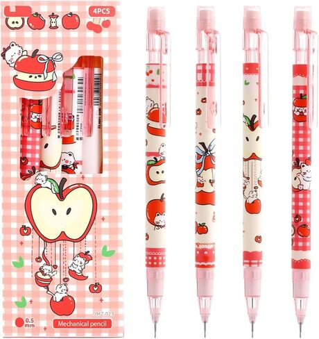 4Pcs Red Cute Cat Mechanical Pencils with Eraser 0.5mm Kawaii Cartoon Cat Mechanical Pencil School Pencil Cat Gifts for Women Man in Kuwait