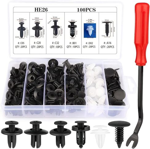 100PCS Car Bumper Push Retainer Clips & Nylon Fasteners Rivet Kit, 6 Sizes Car Body Screw Retainer, Door Trim Panel Clips, Universal Auto Bumper Accessories for Car Truck SUV (100PCS&Tool) in Kuwait
