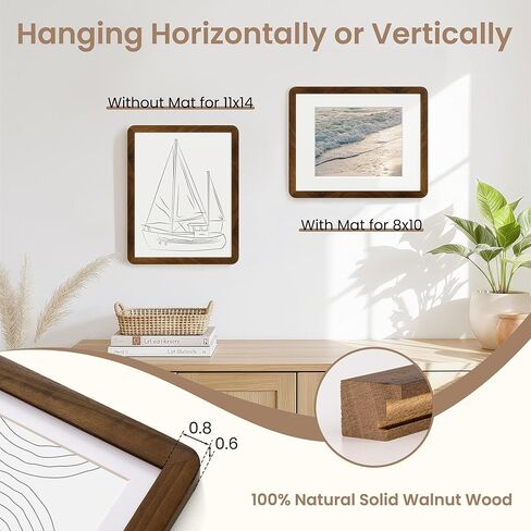 Fun Memories 11x14 Picture Frame - Solid Walnut Wood 11x14 Frame with Mat for 8x10 Photos, 11 By 14 Poster Frame Wood for Wall & Tabletop Display, Natural Walnut in Saudi Arabia
