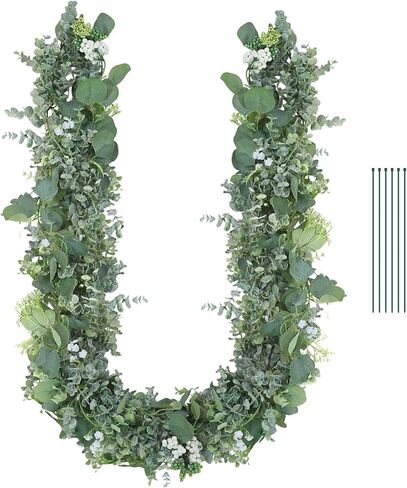 Eucalyptus Garland for Table, 6ft Faux Eucalyptus Garland with White Flowers & Seeds, 2pcs Artificial Eucalyptus Greenery Vines for Wedding Party Table Runner Backdrop Arch Mantle Handmade Wreaths in Saudi Arabia