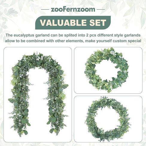 Eucalyptus Garland for Table, 6ft Faux Eucalyptus Garland with White Flowers & Seeds, 2pcs Artificial Eucalyptus Greenery Vines for Wedding Party Table Runner Backdrop Arch Mantle Handmade Wreaths in Saudi Arabia