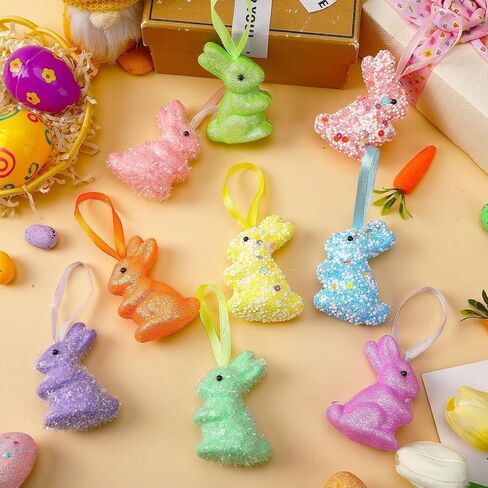 JULMELON 18Pcs Easter Hanging Rabbit Ornaments, 3 Styles Glitter Colorful Foam Bunny Ornaments for Easter Tree Party Supplies Home DIY Decoration in Saudi Arabia