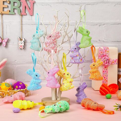 JULMELON 18Pcs Easter Hanging Rabbit Ornaments, 3 Styles Glitter Colorful Foam Bunny Ornaments for Easter Tree Party Supplies Home DIY Decoration in Saudi Arabia