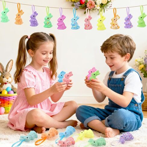 JULMELON 18Pcs Easter Hanging Rabbit Ornaments, 3 Styles Glitter Colorful Foam Bunny Ornaments for Easter Tree Party Supplies Home DIY Decoration in Saudi Arabia