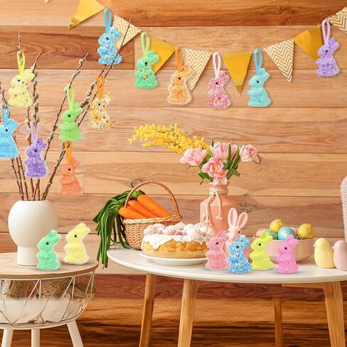 JULMELON 18Pcs Easter Hanging Rabbit Ornaments, 3 Styles Glitter Colorful Foam Bunny Ornaments for Easter Tree Party Supplies Home DIY Decoration in Saudi Arabia