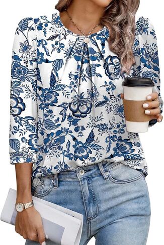 3/4 Length Sleeve Womens Tops Business Casual Outfits Pleated Front Blouses Dressy Casual Summer Outfits 2026 in Saudi Arabia