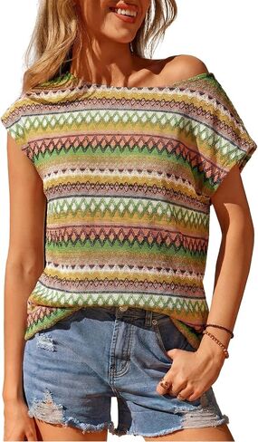 Dokotoo Womens Summer Color Block Boho Casual T Shirts 2026 Short Sleeve Crewneck Off Shoulder Tops in Saudi Arabia